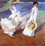 “Paseo por la playa“, de Joaquín Sorolla (1863-1923), El cuadro es de 1909. Aparecen representadas su mujer, Clotilde García, la cual sostiene una sombrilla, junto a su hija mayor, María Clotilde, caminando al atardecer por la playa de Valencia mientras la brisa marina hace ondear sus ropas.